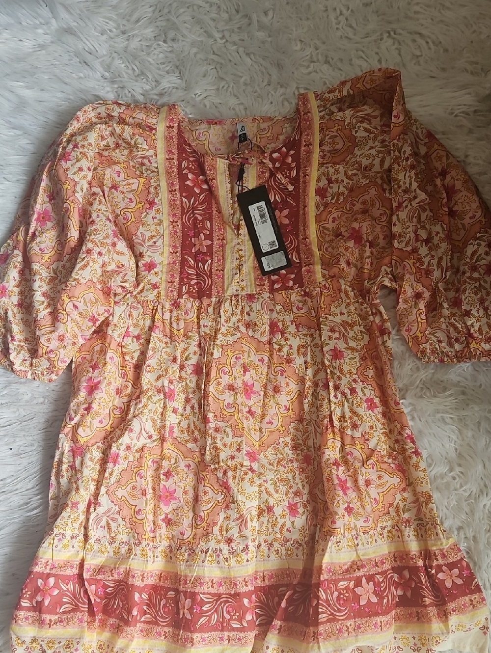 Boho Floral Peasant Dress in Pink, Yellow & Cream